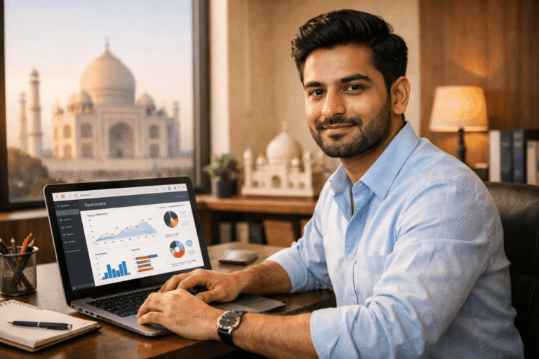 small business owner in Agra working on website laptop